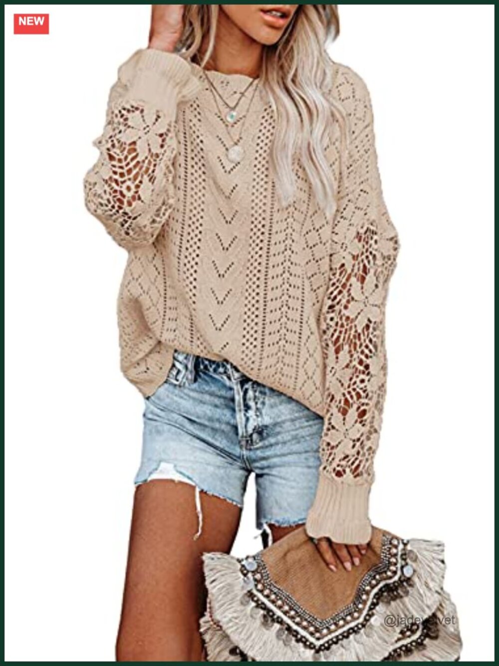 Crochet Lace Long Sleeve Cable Knit Sweater Crewneck Hollow Out Pullover